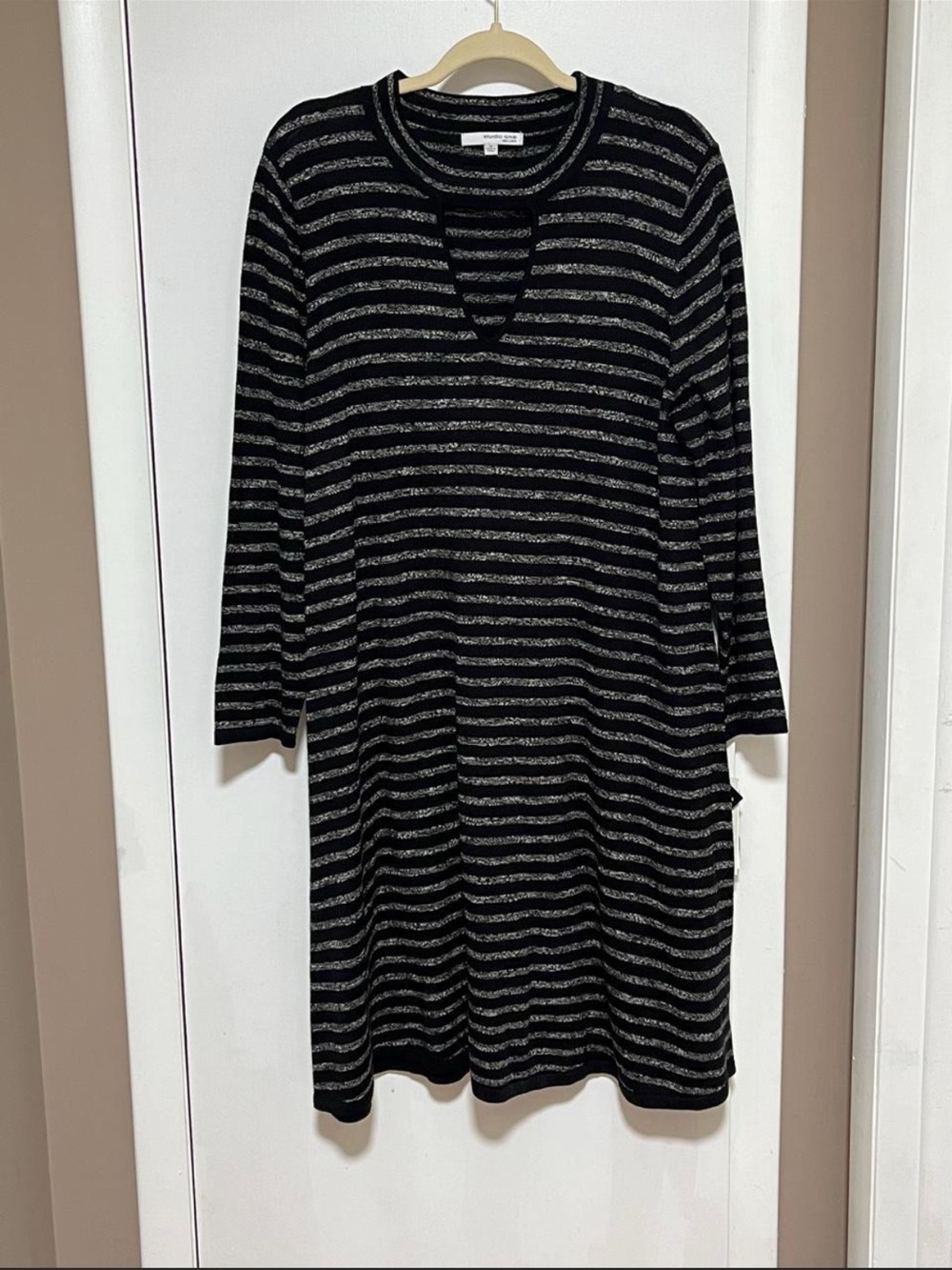 Studio One Black and Gray Striped Long Sleeve Knit Dress